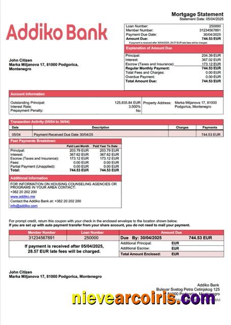 Montenegro Addiko Bank mortgage statement Word and PDF template